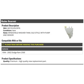 Marketplace Auto Parts, Windshield Washer Reservoir Tank with Pump and Sensor - Compatible with 1994-2002 Dodge Ram 2500