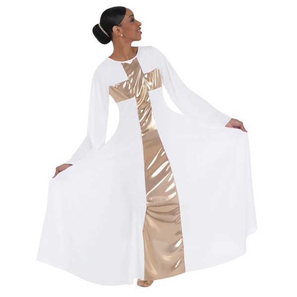 Body Wrappers Women's Praise Cross Long Worship Dress (WHITE W/GOLD, SMALL) - 620