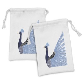 Ambesonne Animal Fabric Pouch Set of 2, Exotic Wild Magnificent Bird with Feather Peacock Modern Image Artwork, Small Drawstring Bag for Toiletries Masks and Favors, 9" x 6", Dark Blue Blue and Black
