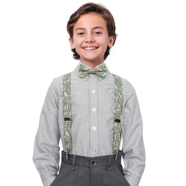 BELLUNO Boys' Floral Suspenders and Bow Tie Set, Pre-Tied Cotton Bowtie for Kids from Toddlers to Teens