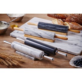 JEmarble Rolling Pin-Wooden Handles(Black)(Premium Quality) Polished Surface 18-inch(10"Barrel) Genuine Stone Non-stick Save Effort Easy to Clean