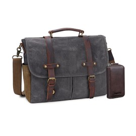 Messenger Bag for Men, 15.6 Inch Waterproof Vintage Genuine Leather Laptop Briefcase Waxed Canvas Large Computer Satchel bag Travel Leather Shoulder Work Bag with Key Bag (Dark grey)