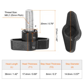 QUARKZMAN Pack of 10 Knurled Screws with T Wing Knobs, M8 x 20 mm, Plastic T-Head Clamping Screw, Wing Screw, Grab Handle, 36 mm Clamping Button, Thumb Screw, Tension Screw, Hand Knob for Machine