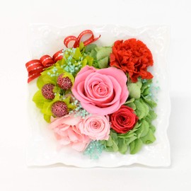 Lulu's Lulu's Pink Roses and Red Carnations Preserved Flowers Arrangement, Size: 4.3 x 4.3 x 3.5 inches (11 x 11 x 9 cm), Pink Roses and Red Carnations Lulu's-1354