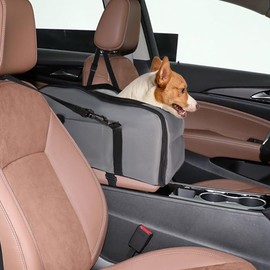 Dog Car Seat & Carrier – Center Console Dog car seat for Small Dogs with Nubuck & Microfiber Suede, 5 Safety Straps, Adjustable Anchors & Storage Pocket (Up to 10lbs, Grey)