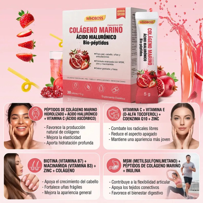 Windboss Péptidos De Colágeno Ácido Hialurónico 30 Sachets