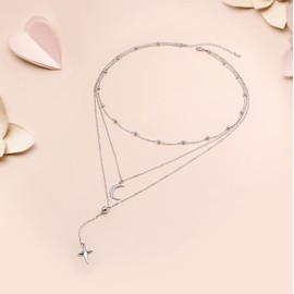 DAOSHANG Sterling Silver Layered Necklaces for Women 3 Layer Dainty Moon and Star Pendant Multilayer Long Necklace four-pointed Star Choker Chain Adjustable Moon Jewelry