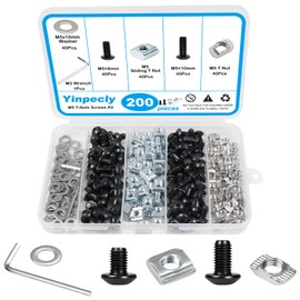 Yinpecly 200Pcs M5 T-Nuts Screws Kit, Hammer Head T Slot Nut for 2020 Series Aluminum Extrusion, M5 Hexagon Socket Screws, T Sliding Nut, Washers, Black