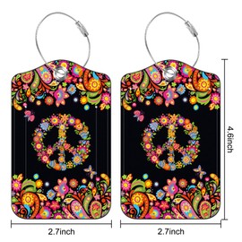 Set of 2 Luggage Tags for Suitcase Colorful Floral and Peace Symbol PU Leather Travel Baggage Tag with Stainless Steel Loop for Men Women Travel Bag Suitcase with Name ID Label Set Full Privacy Cover