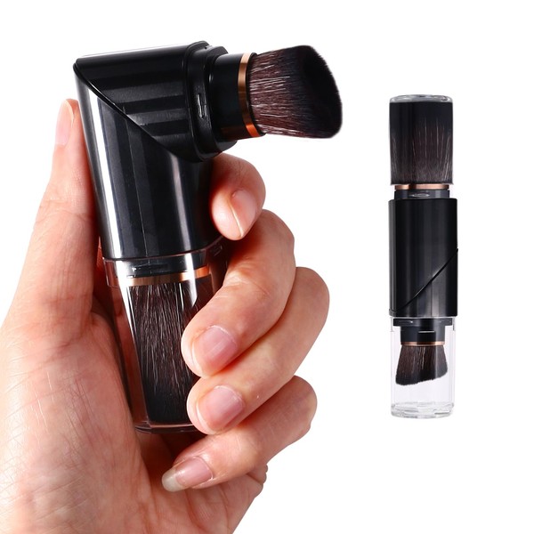 Vtrem Retractable Travel Makeup Brush: Black Kabuki Double Ended Foundation Blush Brush Mini Compact Face Brush with Cover Highlighter Flawless Powder Cosmetics