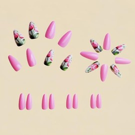 Uñas postizas cortas con forma de almendra y flores de tulipán rosa, acrílicas, de cobertura total, adhesivas para mujer, brillantes, reutilizables, k