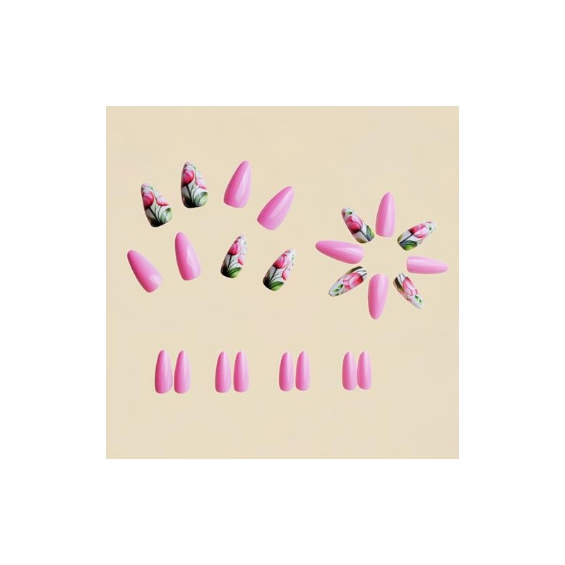 Uñas postizas cortas con forma de almendra y flores de