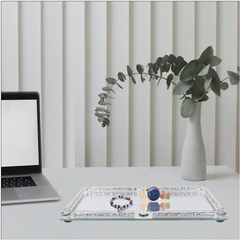 Large Crystal Perfume Tray, 15.7" x 11.8" Silver Glass Mirror