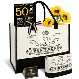 Amosking 50th Birthday Gifts for Women Canvas Shopping Bag Travel Gear, 50 Year Old Gifts for Wife Sister Mom Aunt Friends Her Vintage 1975 Handbag for Cosmetic Bag