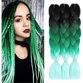 Raheem Pack of 3 Jumbo Braids Hair 24 Inch Braided Hair Extensions Colour Gradient Black Dark Green Light Green, Jumbo Braided Hair, Hair Extensions with 3 Crochet Hooks, Fashionable Synthetic Hair