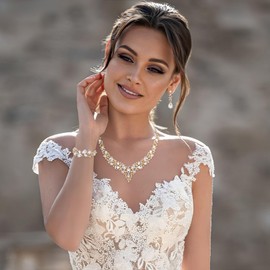 Ever Faith Wedding Bridal Jewellery Sets for Women, Sparkly Rhinestone Crystal Floral Teardrop Cluster Statement Necklace Dangle Drop Earrings Bracelet Set 3 Pcs Costume Jewelry Clear Gold-Tone