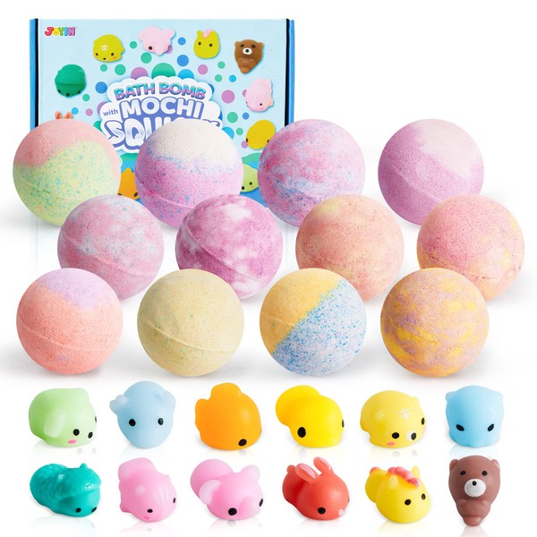 JOYIN Bath Bombs for Kids with Mochi Squishy, 12 Pack Bubble Bath Bombs with Surprise Toy Inside, Natural Essential Oil SPA Bath Fizzies Set, Easter Gifts for Boys and Girls