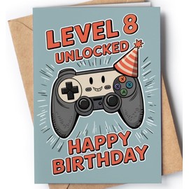 Happy 8th Birthday Card for Boy - Cool 8 Year Old Birthday Card for Son, Grandson, Nephew - Cute Gamer Level 8 Bday Cards for Kids - Age 8 Video Game Themed Greeting Cards for Boys, Gamers - NUM 259