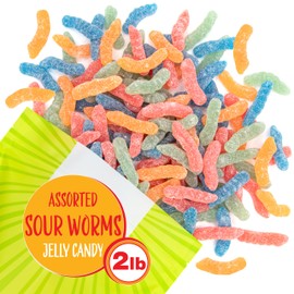 Sour Gummy Worms | 2 Pound Bag | Soft and Chewy Vegan Candy Bulk | Assorted Fruit Flavors Gummi Worms for Party Favors and Candy Buffets | Gelatin Free Jellies