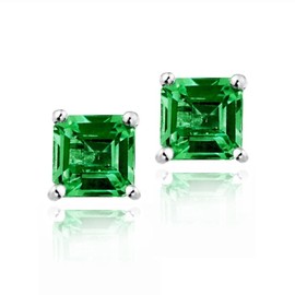 Sterling Silver Created Emerald 5mm Square Stud Earrings
