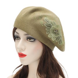 ZLYC Women's Wool Beret Classic French Beret Warm Beret Hat, Flower Olive Green
