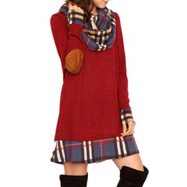 Ancapelion Women's Long Sleeve Mini Dress, Chequered Turtleneck Knit Dress, A-line Sweater, Autumn Dress, Loose Sweater Dress for Winter, Autumn - red, size: s