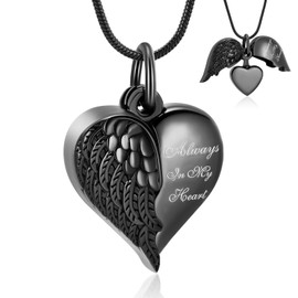 VCCWYQK Angel Wing Heart Urn Necklaces for Ashes Memorial Keepsake Pendant for Women Men Cremation Jewelry (Black)