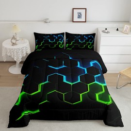 Castle Fairy Honeycomb Bedding Comforter Set Full Size,Geometry Hexagon Theme with Green Blue Neon Lights Quilt Set,Boys Teen Man Chic Creative Home 3pcs Duvet 2 Pillowcases,Black WWS13396ZMD-BZ USf