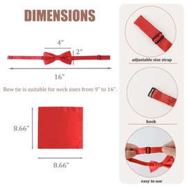 Chanseen Red Bow Tie and Pocket Square for Boys Kids Pre Tied Adjustable Bowtie Handkerchief Set for Wedding Valentine Graduation Formal Dress Accessories