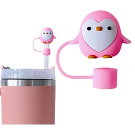 Cute Penguin Straw Covers Cap Toppers for Cup 10mm, Silicone Cartoon Penguin Straw Tips Lids Protector BPA Free for 10mm Cup Accessories, Reusable Dust-Proof Cap (Pink)
