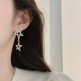 Rhinestone Double Star Dangle Drop Earrings for Women Gold-Toned Fashion Crystal Tassel Chain Dangling Stud Lightweight Delicate Birthday Holiday Jewelry (Clear CZ)