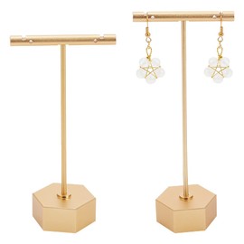 FINGERINSPIRE 2 x T-bar earring display stand, gold metal earring holder, jewellery tower holder, hanging jewellery organiser for retail show (hexagonal base, heights 11.7 cm and 13.7 cm)