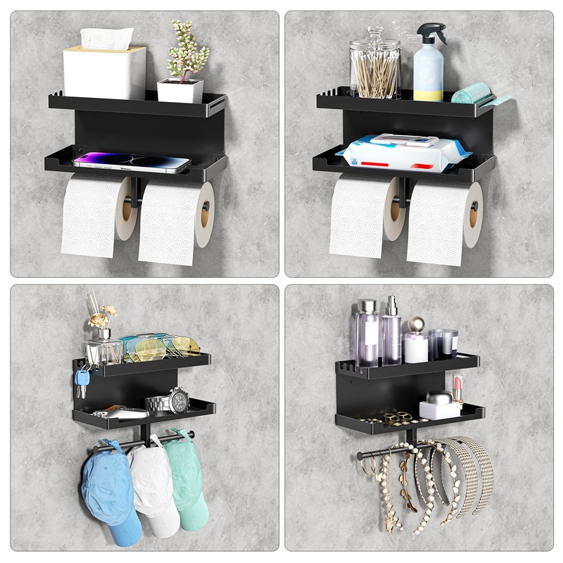 Toilet Paper Holder with Shelf Wall Mount, Adhesive Double Toilet
