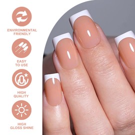 French Tip False Nails - 32PCS Nude White Square Press On Nails Short Pattern - Glossy Removable Fake Nails With Glue - Full Cover Acrylic Stick On Nails For Women And Girls DIY Nail Art Accessories