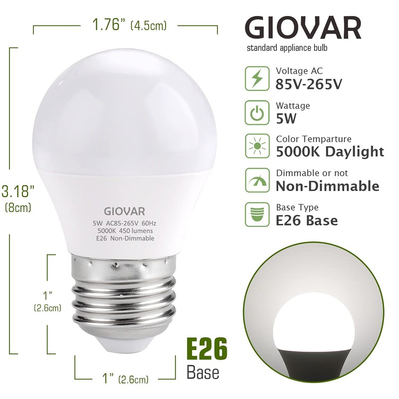 GIOVAR 2-Pack LED Refrigerator Light Bulbs 40 Watt Equivalent 120V,