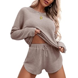 Ekouaer Womens Waffle Knit Pajama Sets Long Sleeve Top and Shorts Matching Lounge Set Sleepwear Loungewear Sweatsuit with Pockets A-Light Khaki Small