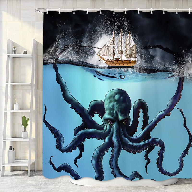 Shocur Black Nautical Octopus Shower Curtain, Funny Ocean Kraken Tentacles