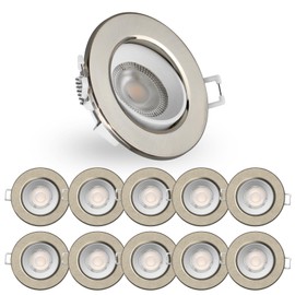 Paul Russells LED Recessed Ceiling Downlight, 3000K 4.8W 400lm Cutout 68-74mm Round Brush Nickel, IP44, Adjustable Tilt (Not Dimmable) 38° Spotlight for Kitchen, Bathroom, Bedroom, Hallways - 10 Packs
