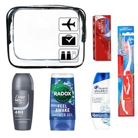 Men's Travelling Toiletries Set - Travel Size Essentials, Mini Holiday Bag, Perfect for Overnight Stays, Hospital's, Camping, Holidays, Airport Security Approved, Clear Travel Bag