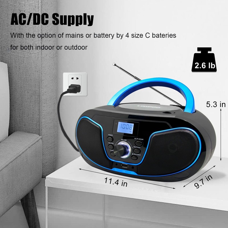 LONPOO Stereo CD Boombox Portable Bluetooth Digital Tuner FM Radio