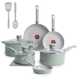 T-Fal Refresh Ceramic Nonstick Cookware Set, Oven Safe Up to 350ºF, 12-Piece, Includes Stockpot, Griddle, Frying Pans, Utensils, Ceramic Pots and Pans Set, Mint Green