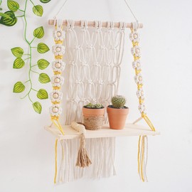 Magiho® Boho Decoration, Wooden Macrame Wall Hanging, Wall Shelf for Decoration, Balcony, Office, Children's Room, Bathroom, Living Room, Handwoven Boho Wall Decoration, Macrame Shelf