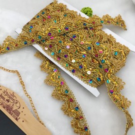 BIKHYY 9.8 Yards Shiny Sequins Lace Trim Polyester Braided Ribbon Sparkle Gleaming Ribbon for Sewing Crafts DIY Decoration Vintage Decorative Wedding (Gold)