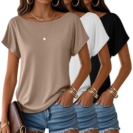 Huukeay 3 Pack Boat Neck Tops for Women, Short Sleeve Loose Cotton Shirts Causal Oversized Tunic Basic Tees Off The Shoulder(Khaki, White, Black,Medium)