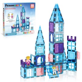 PicasssoTiles 72 Piece Magnetic Building Tiles Castle Winter Ice Theme Construction Magnet Block Set with Princess Prince Character Stairs Windows Doors STEM Learning Educational Toy Kids Ages 3+ PT72