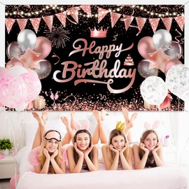 Happy Birthday Banner Birthday Decoration Black Rose Gold Banner Birthday Hanging Decoration Birthday Decoration for Girls & Women, Background Poster for Birthday Party Decoration