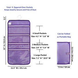 ANIZER Travel Foldable Jewelry Rolls Bag Hanging Jewelry Organizer with 9 Zippered Clear Pockets Storage Pouch with Rotatable Hanger (PURPLE)