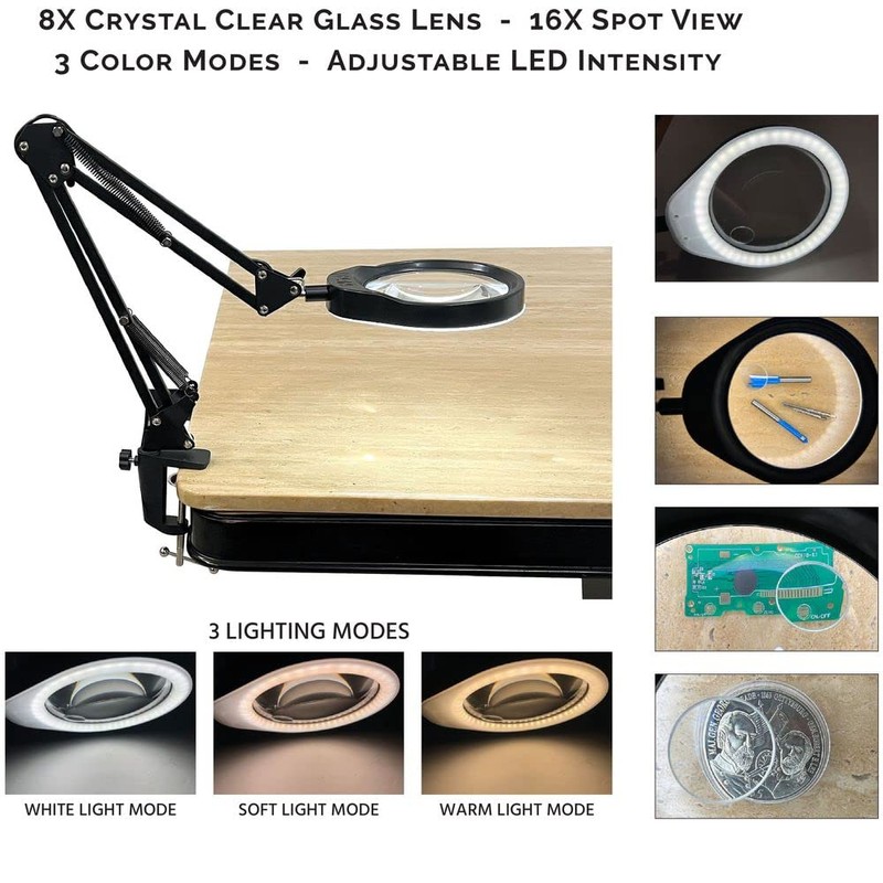 iGaging Magnifier LED Light Desk Magnifying Glass Lamp 8X 16X
