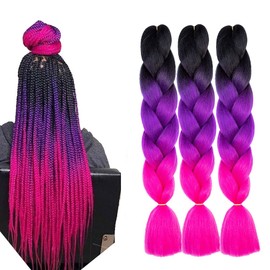Kanekalon Jumbo Braid Extensions Braids, Ombre Braids Extensions, Kanekalon Braids Synthetic Hair Braiding Extensions for Crochet Twist Braiding for Braiding Braids (Black/Purple/Rose Red)
