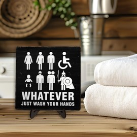 Funny Bathroom Wooden Sign - Whatever Just Wash Your Hands,Vintage Desk Decor 5.9x5.9 Inch Square Wood Plaque,Hilarious Restroom Decor for Home, Office, Bar, or Cafe(Wash your hands)